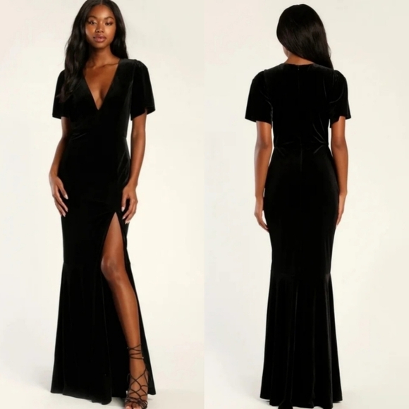 Lulu's Elegant Evenings Black Velvet Flutter Sleeve Trumpet Maxi Dress - Picture 1 of 12